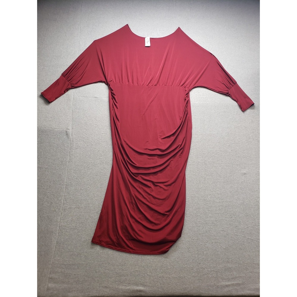 Ashley Stewart Women Maxi Dress 4XL Red Ruched Batwing Long Sleeve Logo Casual